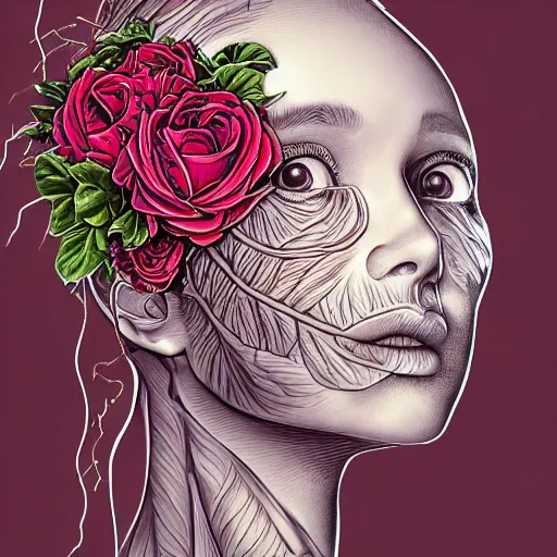 Image similar to the anatomy of a head of lettuce with roses that resemble a beautiful young woman looking up, an ultrafine detailed illustration by james jean, intricate linework, bright colors, final fantasy, behance contest winner, vanitas, angular, altermodern, unreal engine 5 highly rendered, global illumination, radiant light, detailed and intricate environment