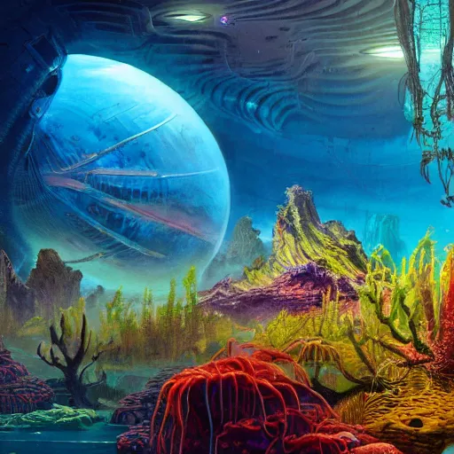 Prompt: a stunning vibrant painting of alien underwater landscape of lush flora, remnants of old spaceship, sea creatures emerging, morning, by Giger and Ralph McQuarrie and Bruce Pennington, cinematic lighting, ambient light, hyperrealism, hires, octane render, 8k, iridescent accents, vray