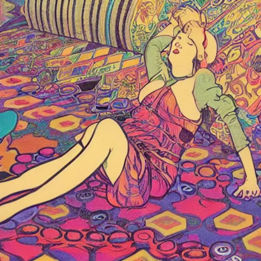 Image similar to rocker goth teen girl laying on the floor, writing on a journal. 1970s colorful psychedelic bedroom. Trippy. Moscoso. Mucha.