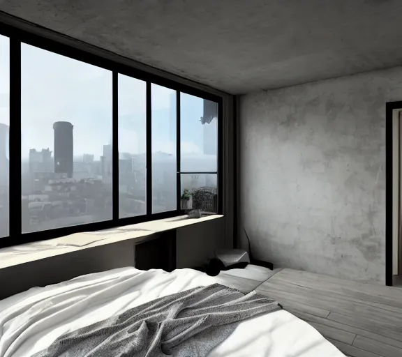 Image similar to brutalist black mansion luxury bedroom tall windows interior design minimalist organic, organic architecture furniture open space high quality octane render blender 8 k