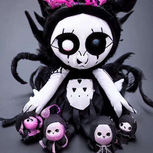 Image similar to cute fumo plush of the nightmare princess, gothic regal and tattered black, broken hearts, tragic wraith, vray, web of tendrils, arachnid, wink