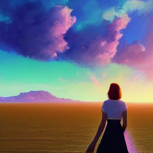 Image similar to giant daisy flower head, girl walking on salt flats mountains, surreal photography, sunrise, dramatic light, impressionist painting, colorful clouds, digital painting, artstation, simon stalenhag