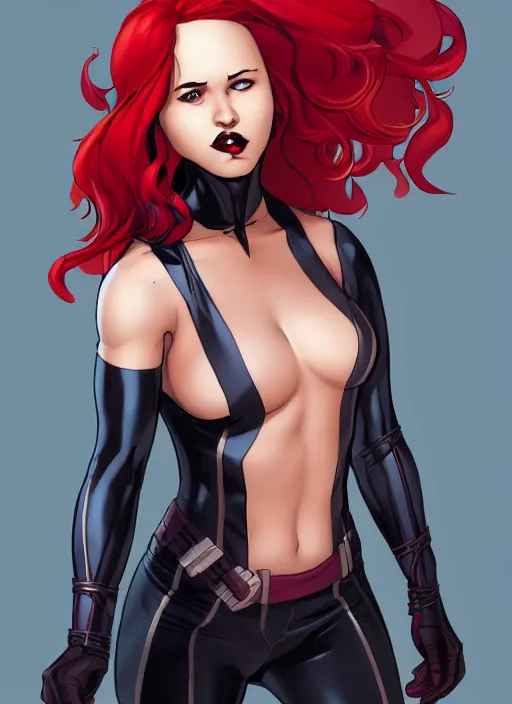 Image similar to Rogue x-men marvel, Lilo Reinhart, smile, long red hair, white streak in hair, realistic character concept, full body shot, cute fun pose, comic book, illustration, symmetrical face and body, artstation, cinematic lighting, hyperdetailed, cgsociety, 8k, high resolution, Charlie Bowater, Tom Bagshaw, single face, insanely detailed and intricate, beautiful