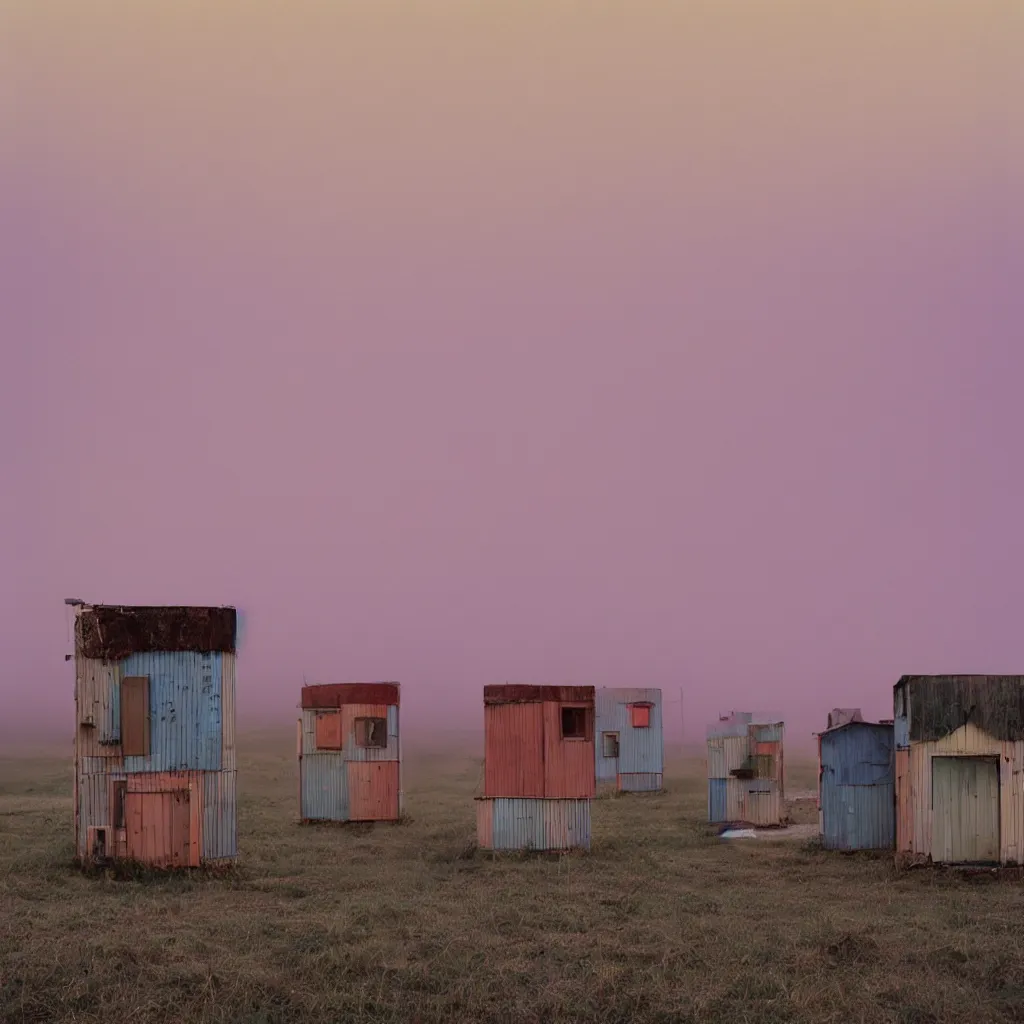 Image similar to vertically stacked makeshift squatter shacks with pastel colours, plain uniform sky at the back, misty, mamiya, ultra sharp, very detailed, photographed by alejandro jodorowsky