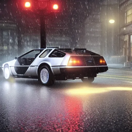 Image similar to hyperdetailed, photorealistic photograph of a dmc 1 2 delorean driving in the streets, rain, night, dense fog, hd, unreal engine 5