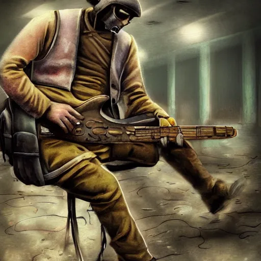 Image similar to stalker plays electric guitar, style of the game stalker, the background of the chernobyl nuclear power plant, smokes a cigar, 8 k, artstation