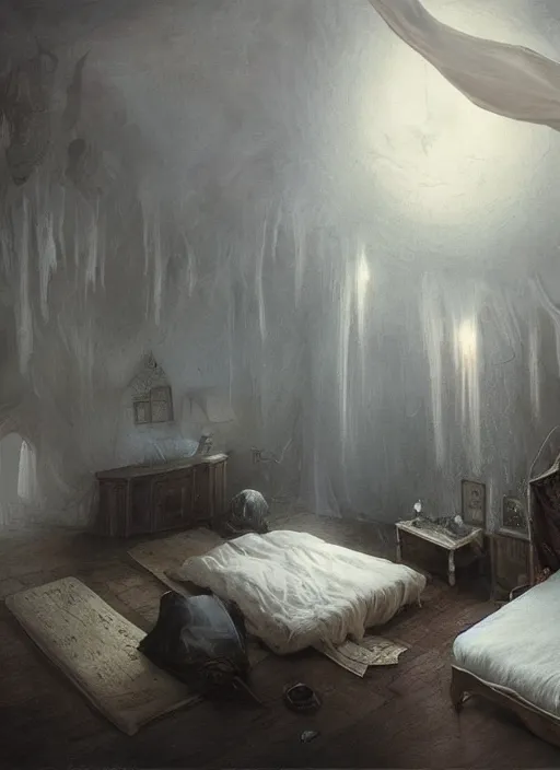 Prompt: a dreary bedroom, but floating above the bed are fantastical scenes of dreams, dreams invading mundane spaces, fantasy infiltrating reality, wisps of the impossible, 8k, ultradetailed, illustrated by Greg Rutkowski and Caspar David Friedrich.