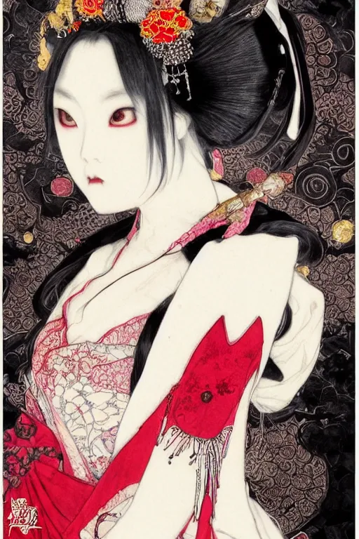 Image similar to avant - garde japanese bjd geisha vampire queen in victorian red dress in the style of dark - fantasy lolita fashion painted by yoshitaka amano, takato yamamoto, jgustav klimt, dmt art, symmetrical vogue face portrait, volumetrics, intricate detail, artstation, cgsociety, artgerm, gold skulls, rococo