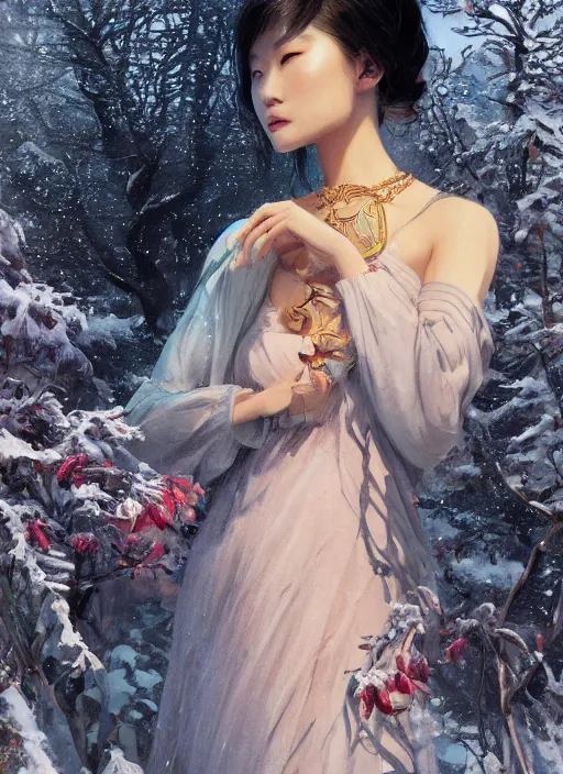 Prompt: a beautiful young charming asian goddess with sundress & jewelry & shinny eyes & winter, symmetric, realistic shaded, unpleasant face, good looking, fine details, dior, lv, realistic shaded lighting poster by greg rutkowski, macoto takahashi, magali villeneuve, artgerm, jeremy lipkin and michael garmash