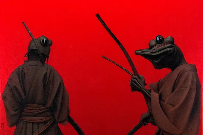 Image similar to only with red, a red samurai harakiri, tokio, a lot of frogs watch, in the style of beksinski, parts by edward hopper, parts by rodcenko, parts by yue minjun, intricate and epic composition, red by caravaggio, insanely quality, highly detailed, masterpiece, red light, artstation, 4 k