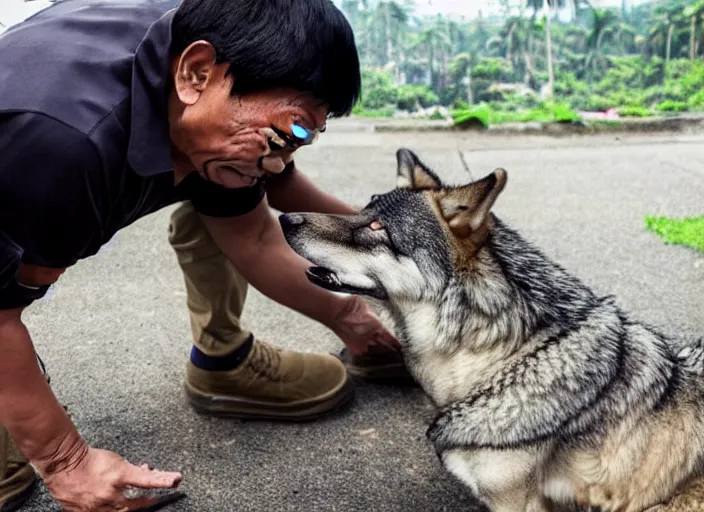 Image similar to duterte petting a wolf, realistic photograph, award winning photograph, cinematic, 4 k