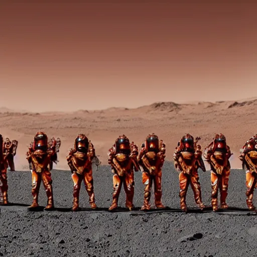 Prompt: professional photo of martian marines on parade in mariner valley on mars in the year 3 0 0 0