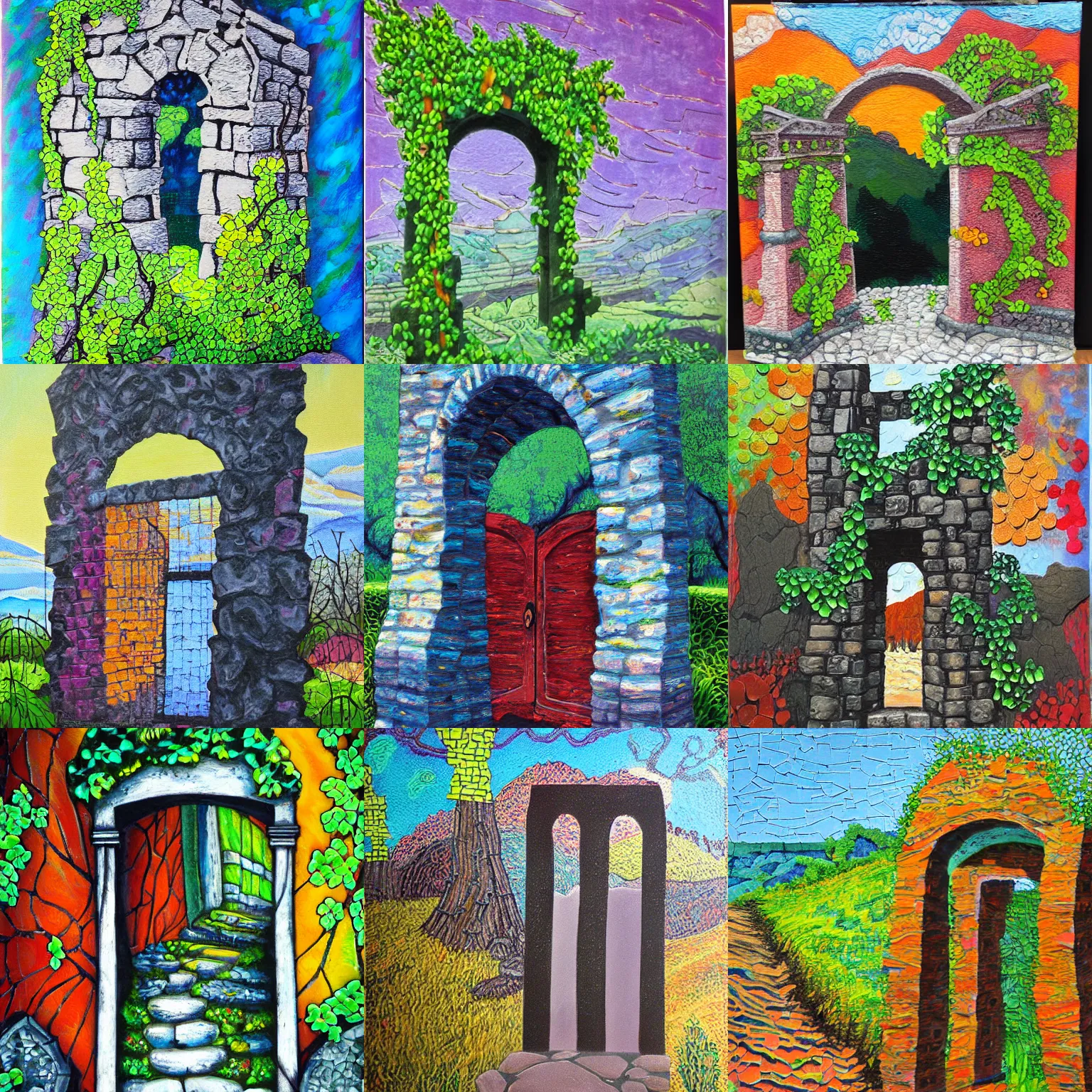 Prompt: colorful Stephanie Pui-Mun Law impasto!! acrylic painting of the slate stone gateway of a forgotten civilization. vines and creepers, stone etchings