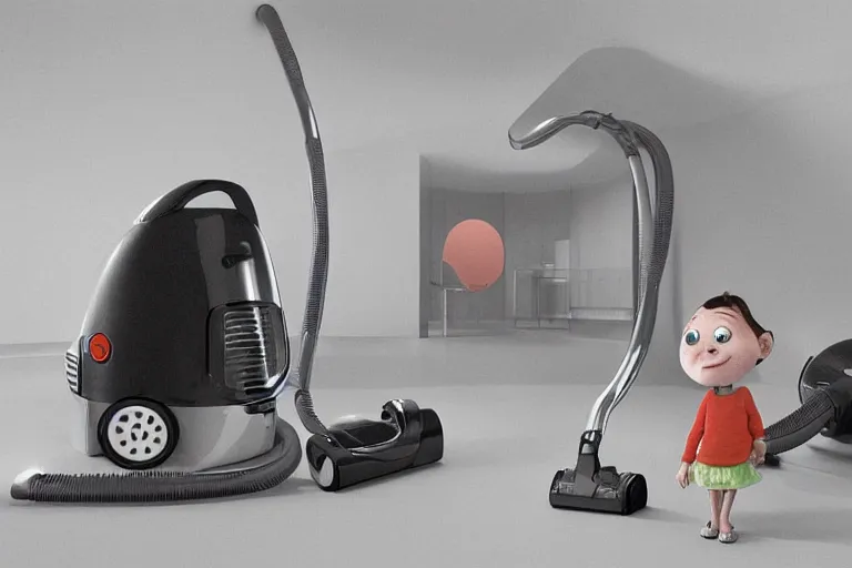 Prompt: concept sheet of cute vacuum cleaner cartoon character, for kids assisting a concept machine, black background, big eyes, big eyes, simple smooth shapes and forms, assisting a concept machine, family friendly, octane render, alejandro alvarez alena aenami, by carel willink and gregory crewdson, by thomas kinkade