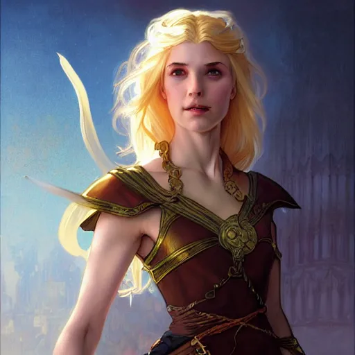 Prompt: an epic fantasy comic book style portrait painting of a young blonde girl thief, d & d, fantasy, joyful smirk, intricate, elegant, digital painting, artstation, concept art, matte, sharp focus, illustration, art by artgerm and greg rutkowski and alphonse mucha