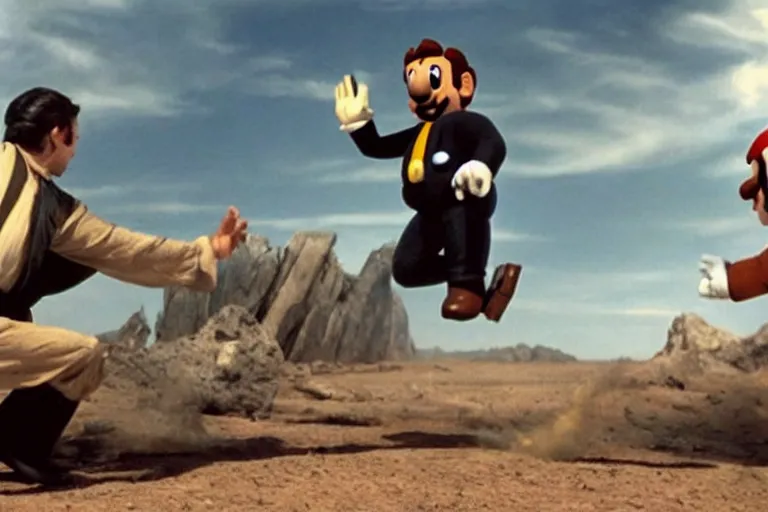 Prompt: a film still from the movie Star Wars of a real life Super Mario fighting