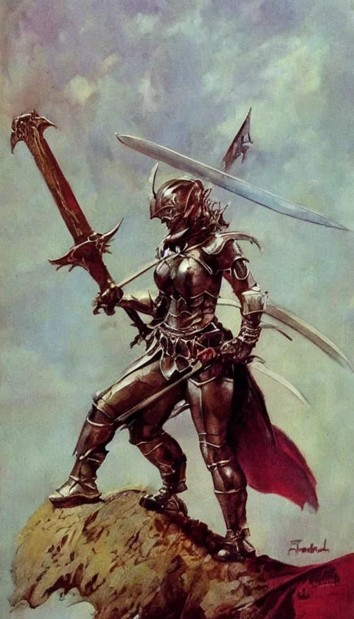 Image similar to fantasy painting by Frank Frazetta portraying a female knight in armor,wielding a sword,high quality,portrait en buste,beautiful,detailed