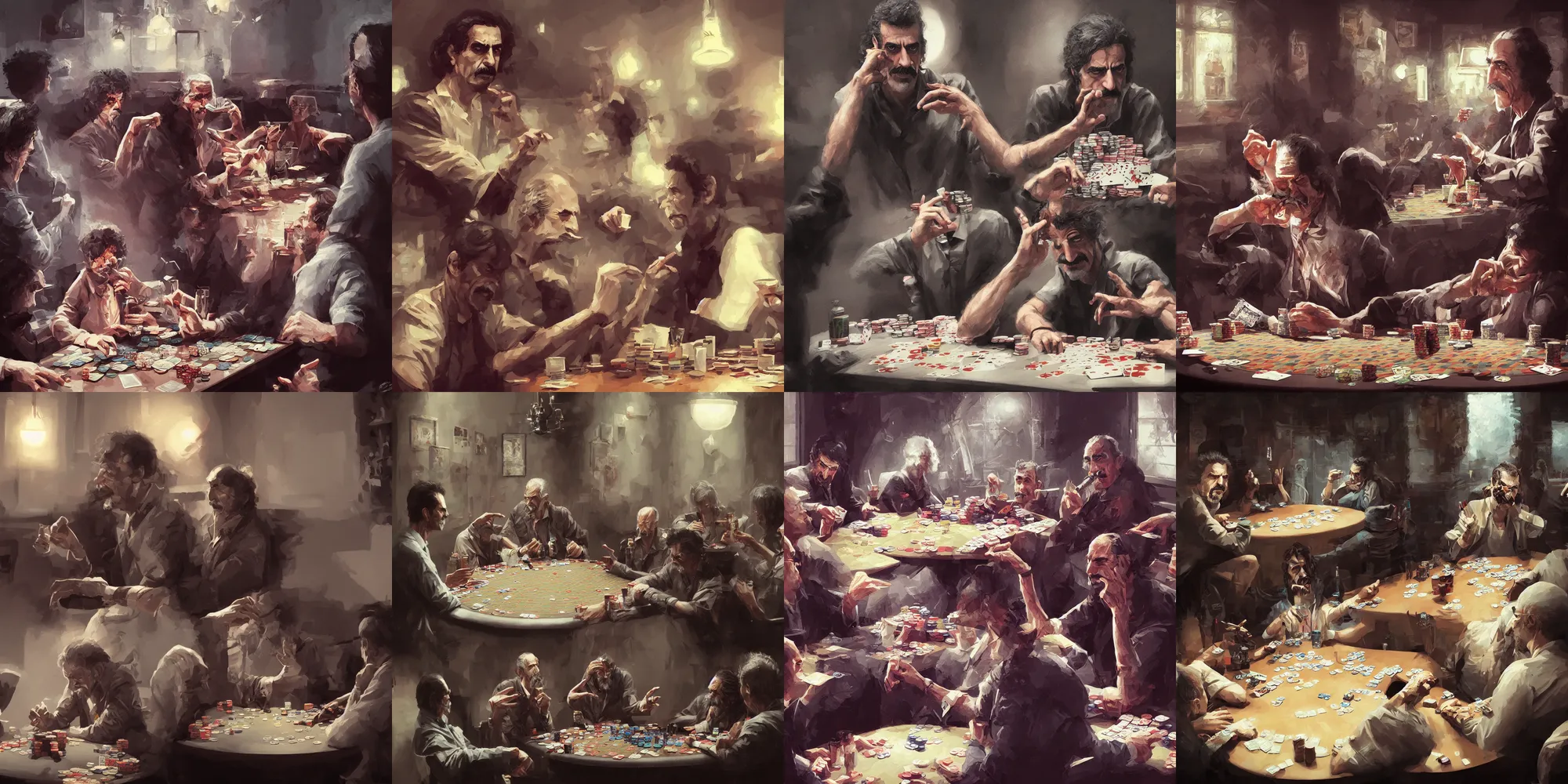 Prompt: frank zappa playing poker, highly detailed, digital painting, artstation, concept art, smooth, sharp focus, illustration, greg rutkowski and loish and WLOP