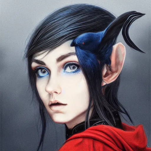 Image similar to portrait of darl elf, fantasy, blue eyes, calm expression, fantasy, thinking, raven in background, highly detailed, digital painting, gradient black charcoal red, concept art, smooth, b sharp focus, illustration, golden ratio 8 k