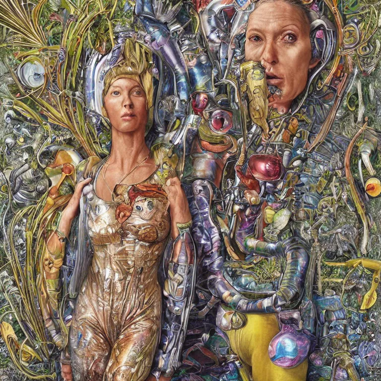 Image similar to portrait painting by wayne barlow and carlo crivelli and glenn fabry, a woman in a skintight silver shining spacesuit with colorful iridescent detailing, covered in bright colorful alien flora and fauna