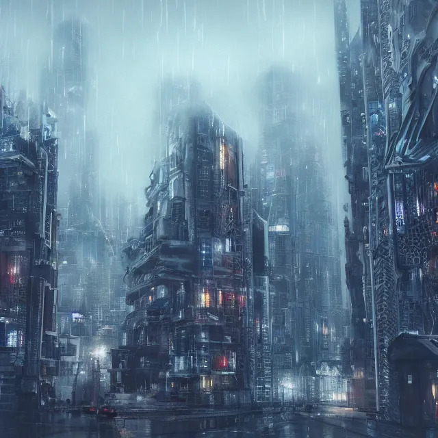 Image similar to futuristic city, during rainstorm, detailed, 4 k