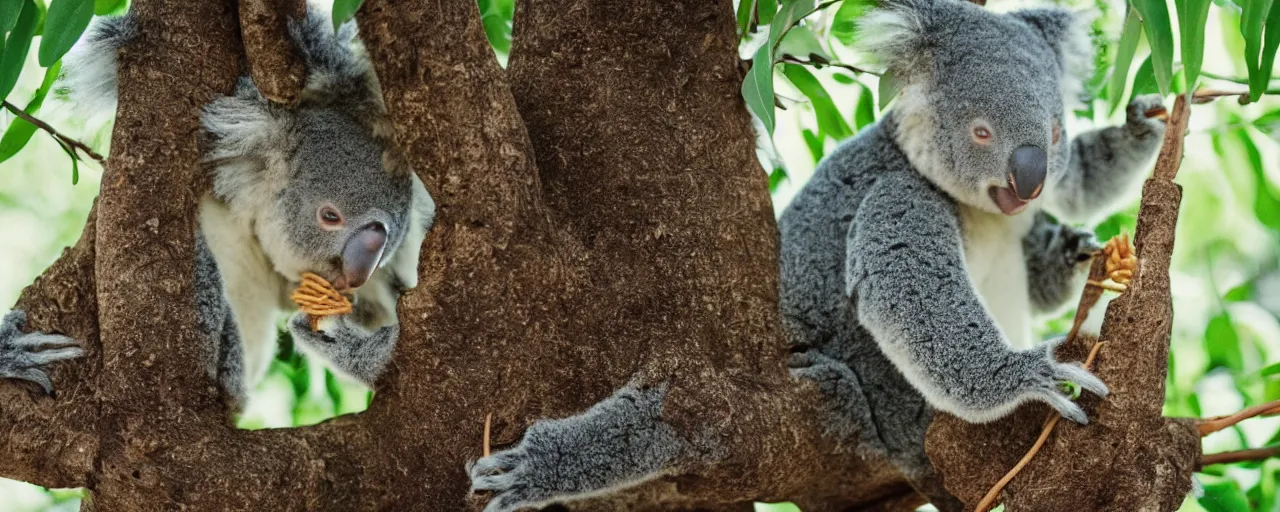 Image similar to 1 koala ( solo ), eating spaghetti from a tree, canon 5 0 mm, film, kodachrome, retro, muted