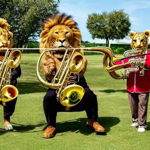 Prompt: a brass band with a lion playing a trumpet, a tiger playing the trombone and a bear playing the horn