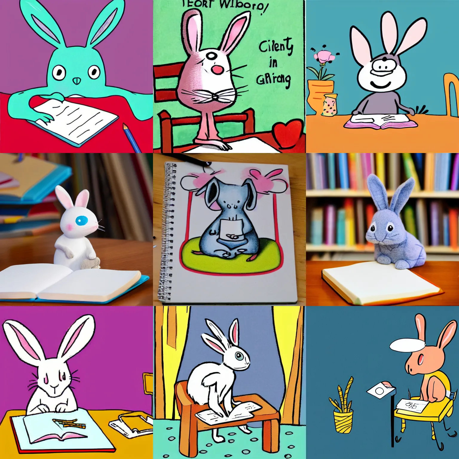 Prompt: a cute cartoon rabbit that is sitting on a chair and is writing on a notebook on a table, Children's Book Illustration, Mo Willems