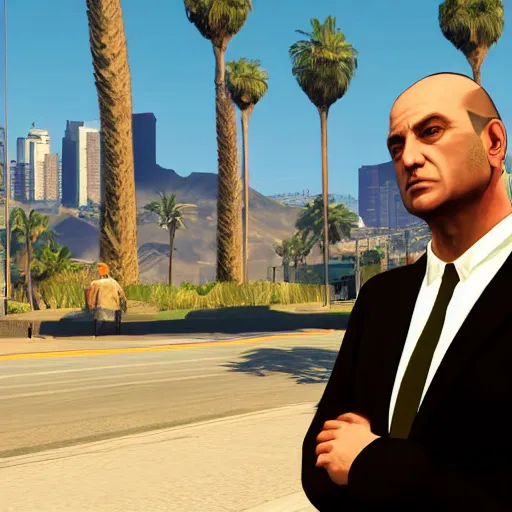 Image similar to Michael Ehrmantraut from Better call Saul in GTA V . Los Santos in the background, palm trees. In the art style of Stephen Bliss.