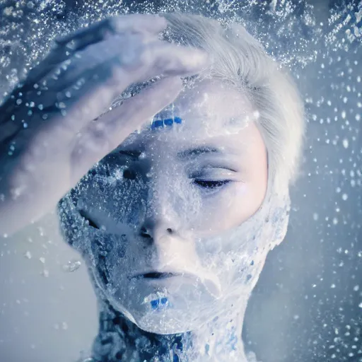 Image similar to futuristic female soldier eyes closed partly submerged in highly viscous clear fluid, frost particles, ice needles, cold blue light, complex hyperdetailed technical suit. white hair flowing. reflection. rays and dispersion of light. volumetric light. 5 0 mm, f / 3 2. noise film photo. ultra realistic, wide angle.