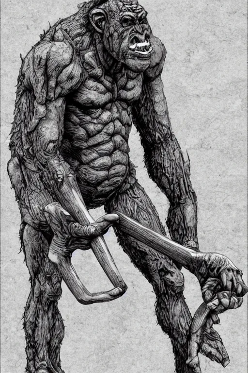 Image similar to humanoid hunched figure troll with 1 horn, ogre, ape, highly detailed, digital art, sharp focus, trending on art station, kentaro miura manga art style