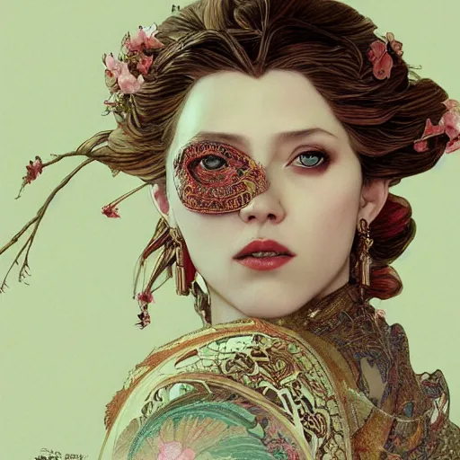 Image similar to a photorealistic dramatic fantasy render of a beautiful woman scarlet johanson wearing a beautiful intricately detailed japanese monkey kitsune mask and clasical japanese kimono by wlop, artgerm, greg rutkowski, alphonse mucha, epic, beautiful dynamic dramatic dark moody lighting, shadows, cinematic atmosphere, artstation, concept design art, octane render, 8 k