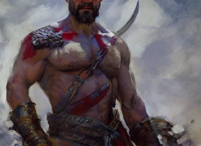 Image similar to a highly detailed beautiful portrait of antony starr as kratos, by gregory manchess, james gurney, james jean