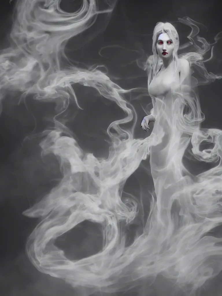 Image similar to white noir priestess, flowing swirls of smoke, hyperreal octane render volumetric cinematic