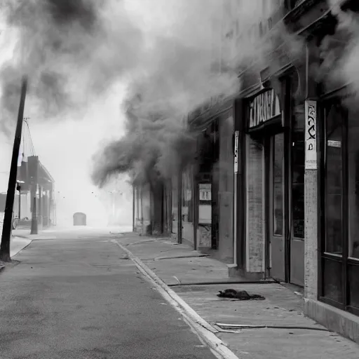 Prompt: tendrils of smoke twist around him as he walks down the lonely street of abandoned storefronts