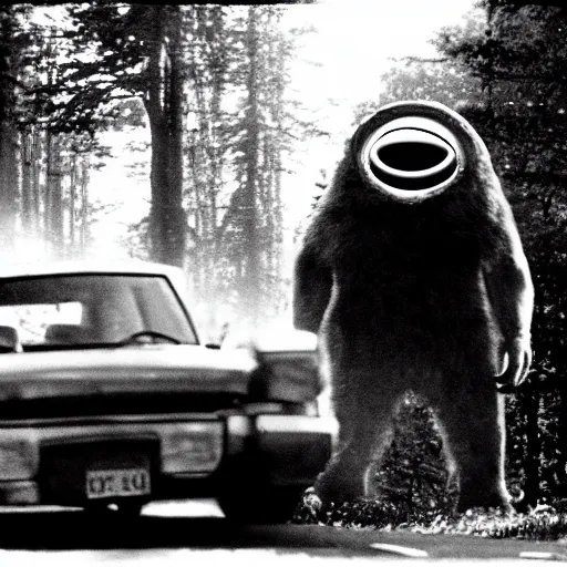 Image similar to a monstrous creature standing in front of the headlights of a car, filmed by a dashcam, movie still, 80s horror movie