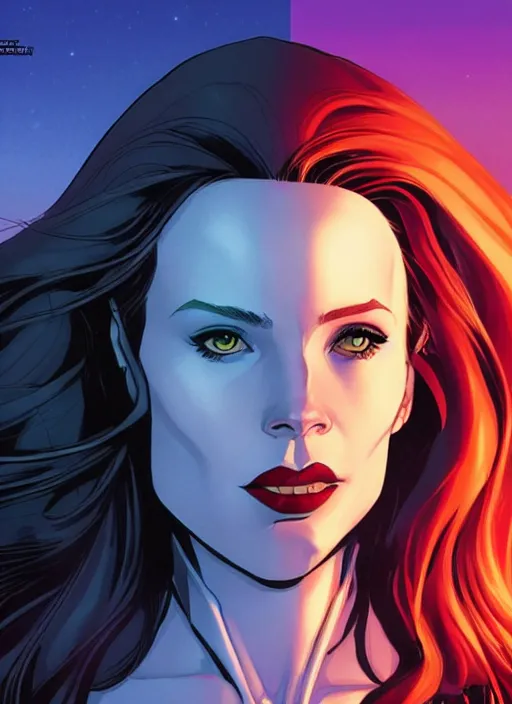 Image similar to Rafeal Albuquerque comic art, Joshua Middleton comic art, cinematics lighting, sunset colors, pretty female Madelaine Petsch Rogue x-men marvel, big smirk, symmetrical face, symmetrical eyes, long red hair and white hair, with white streak in hair, full body, flying in the air, sunset