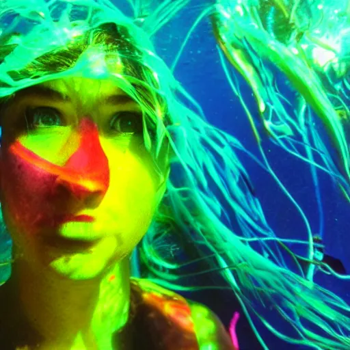 Image similar to underwater photo of a human-face fish with neon colors.