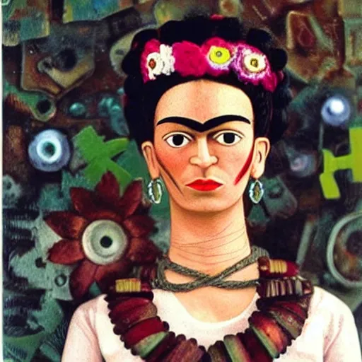 Prompt: Frida Kahlo as a cyborg , doll