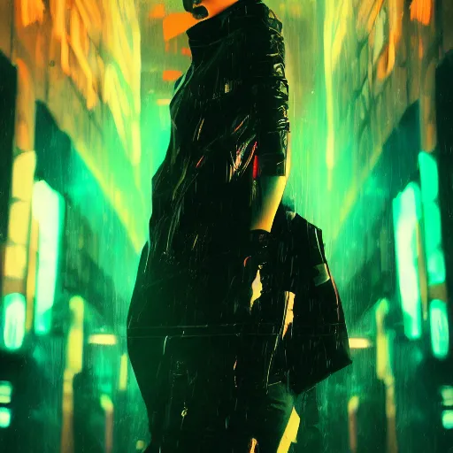 Image similar to high fashion poster clothing design photographic, majiec kuciara, cyberpunk blade runner, volumetric light, floodlight, ambient, street, dark, neon lights, artstation, high contrast, 4 k detailed