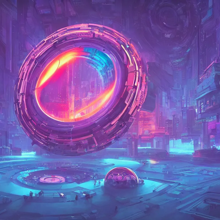 Image similar to a circle!! spiral portal!!! structure floating in space!!, cyberpunk, epic surrealism, indigo, purple, bright red, cyan, detailed digital matte painting in the style of simon stalenhag and painting by ralph mcquarrie