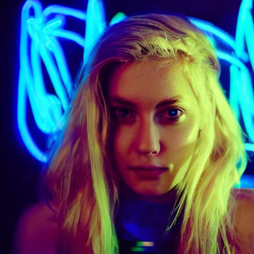 Image similar to a young, blonde-haired woman with soft facial features and blue eyes, 35mm photograph, neon lights in the background, DJing at coachella