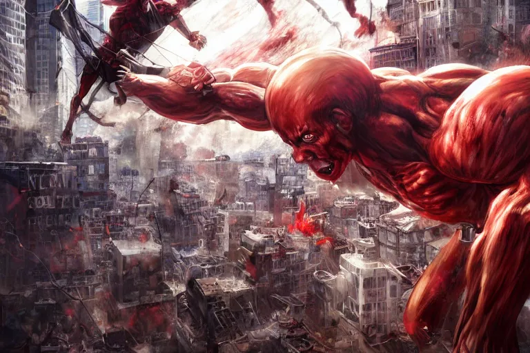 Prompt: a colossal titan smashing buildings in the city, digital painting, mixed media, trending on artstation and deviantart, epic composition, magnum opus, highly detailed, 8 k