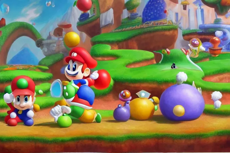 Image similar to painting wonderland marioworld yoshi kurbi dofus acrylic 3 d real