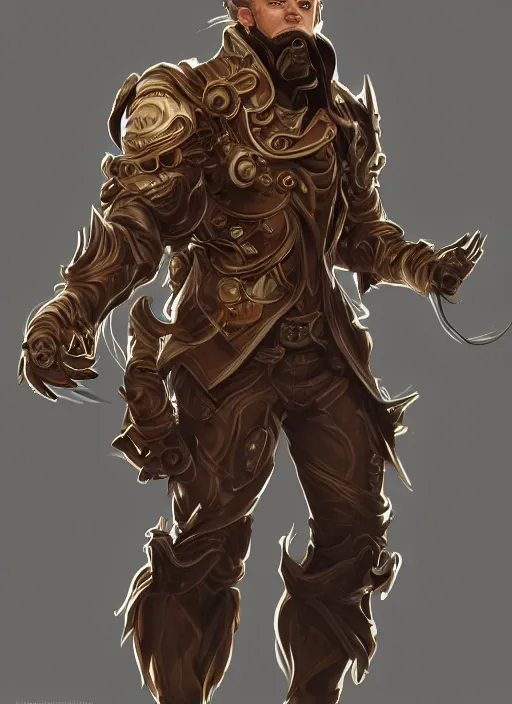 Prompt: a highly detailed illustration of thick wavy brown haired young white guy wearing brown coat and wearing face mask with many mechanical arms on his back, dramatic hands in pocket standing pose, intricate, elegant, highly detailed, centered, digital painting, artstation, concept art, smooth, sharp focus, league of legends concept art, WLOP