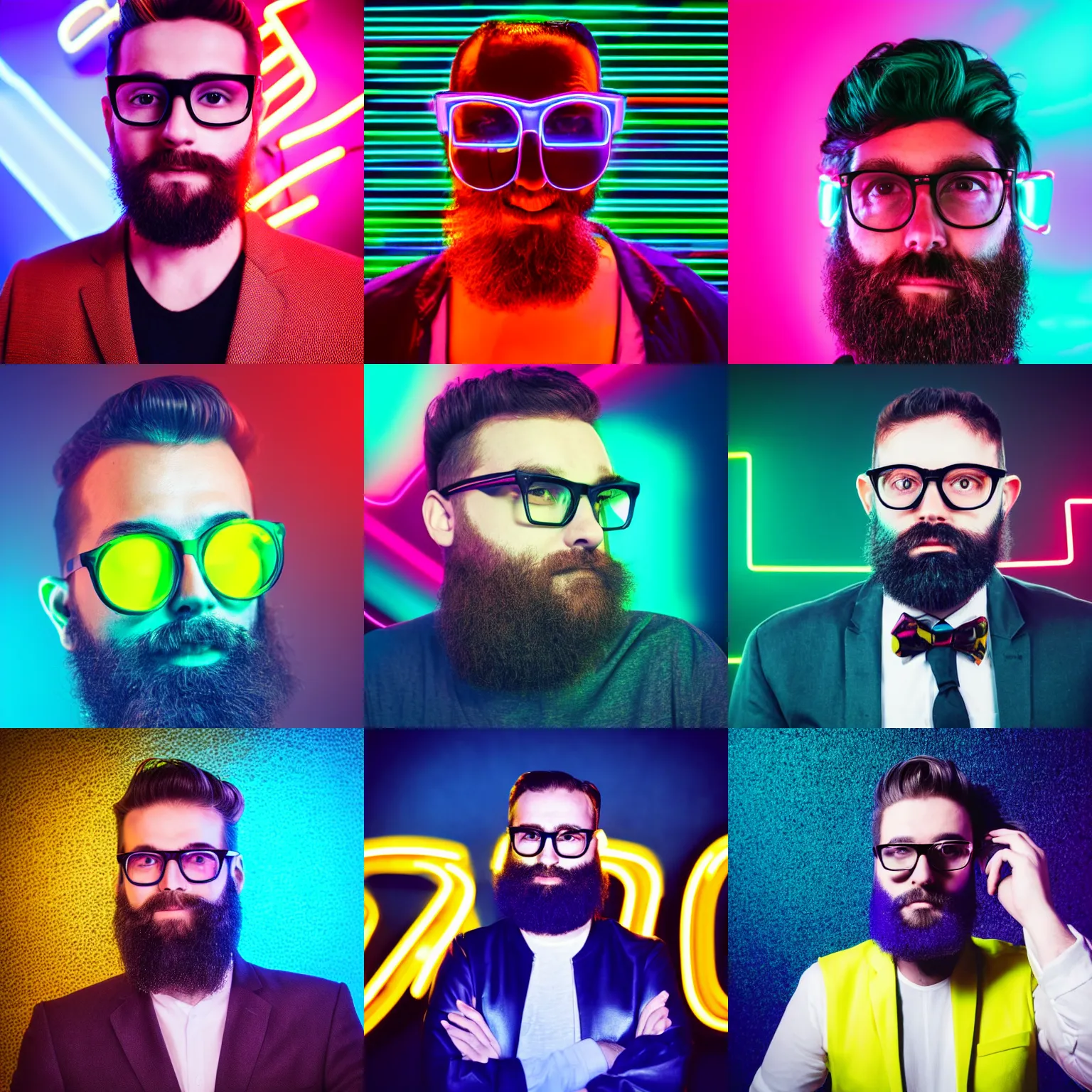 Prompt: a man with a beard and glasses in front of a neon background, a stock photo by oton ivekovic, shutterstock contest winner, retrofuturism, retrowave, synthwave, outrun