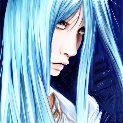 Image similar to full face shot of rimuru tempest, sky blue straight hair, long bangs, with amber eyes, wearing a fancy black jacket, high collar, ultra detailed, brush strokes, digital painting, cinematic, wlop artstation, closeup, pixiv, eerie, scary, intimidating glare, evil, yoshitaka amano, junji ito,