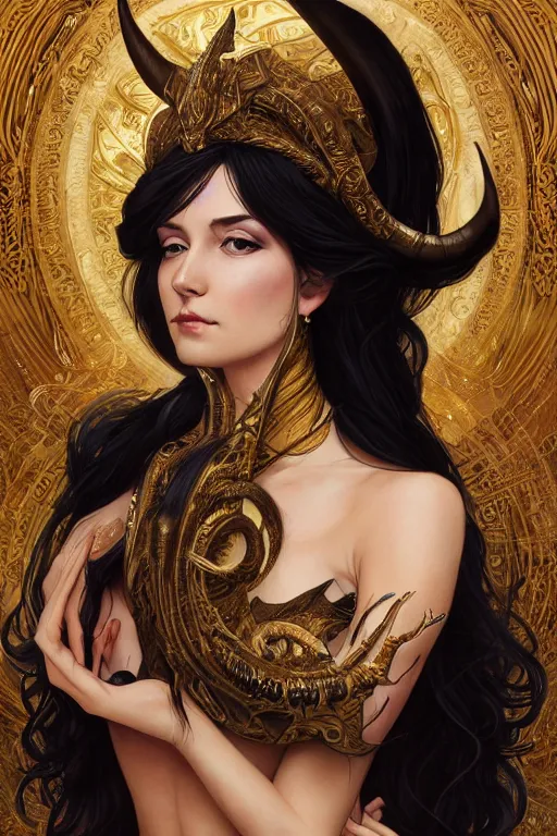 Image similar to fullbody!! of a beautiful woman with long black hair, big natural horns on her head, flowing intricate dress, gold jewellery, dnd, face, fantasy, intricate, elegant, highly detailed, digital painting, artstation, concept art, smooth, sharp focus, illustration, art by artgerm and greg rutkowski and alphonse mucha