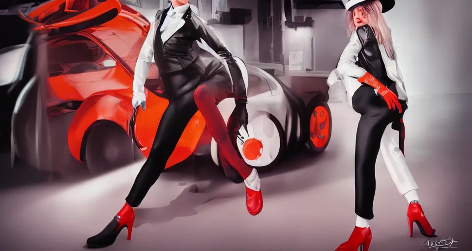 Image similar to a portrait of a female clockwork orange droog gang member, designed by artgerm and a red pininfarina sportscar in the background hdr, 8 k, hyperrealistic, volumetric lighting