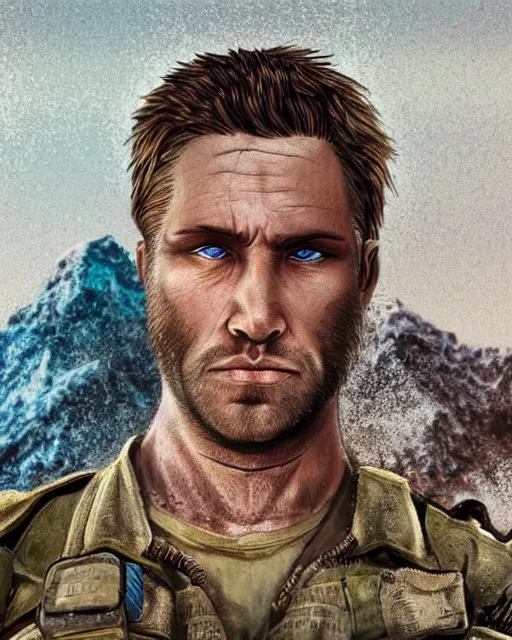 Image similar to 🥺😰 portrait of muscular, tired and alcoholic 3 0 - year - old handsome man with short darkblonde hair, serious sad look in his eyes, dirty beard, blue eyes, crying, wearing dirty soldier uniform, on the desert, hyper realistic face, beautiful eyes, character art, art by mark brooks, hyperdetailed, cryengine, trending on artstation, digital art